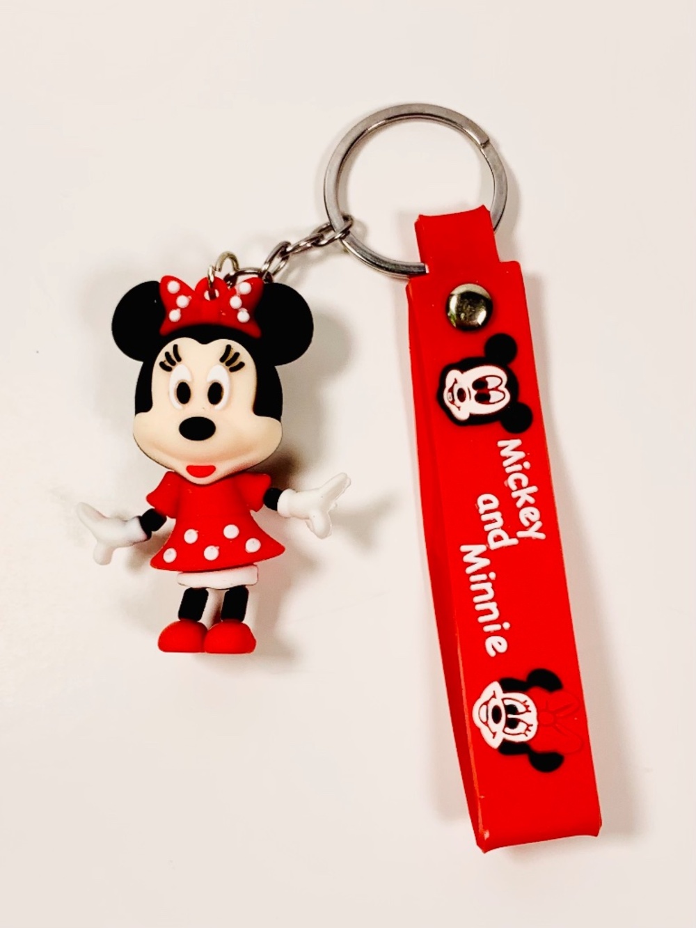 Disney 3D Minnie Mouse red white keychain bag charm polka dot dress silver tone